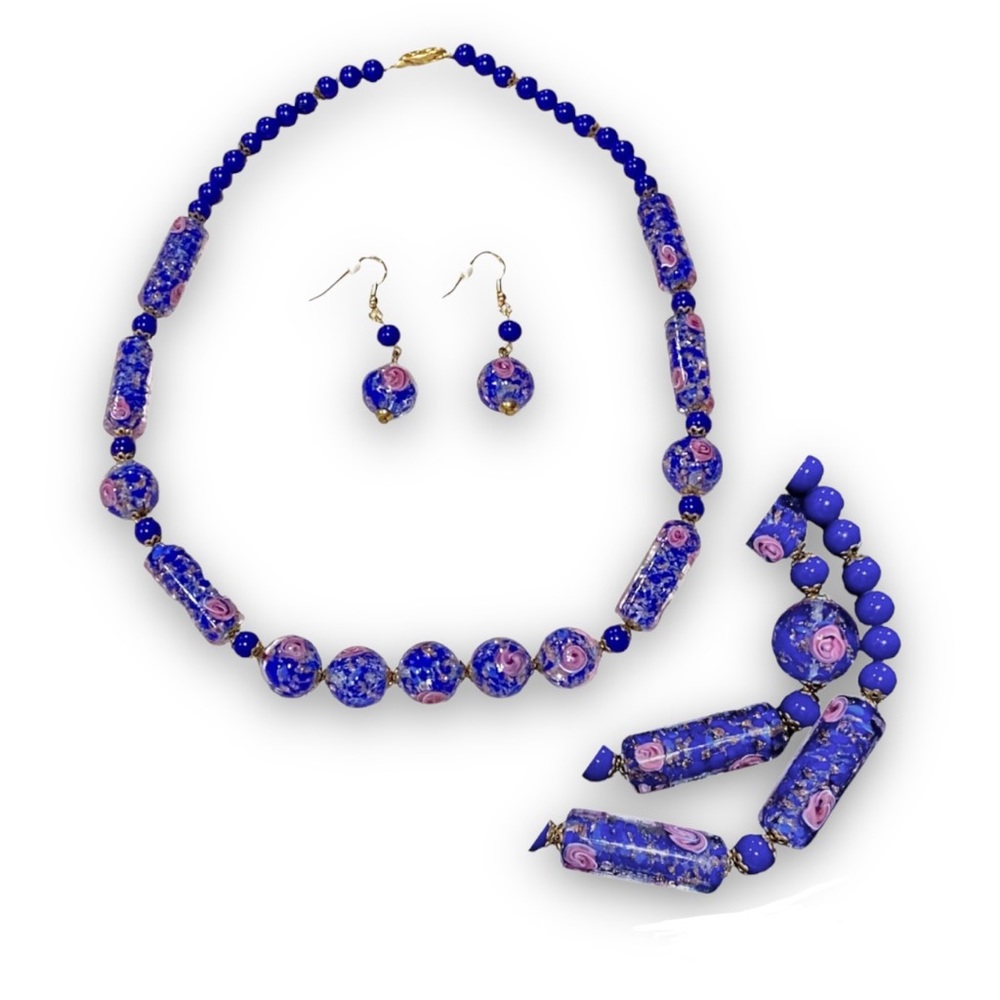 Vintage Murano Aventurine Glass Wedding Cake Bead Necklace & Earrings Blue Pink